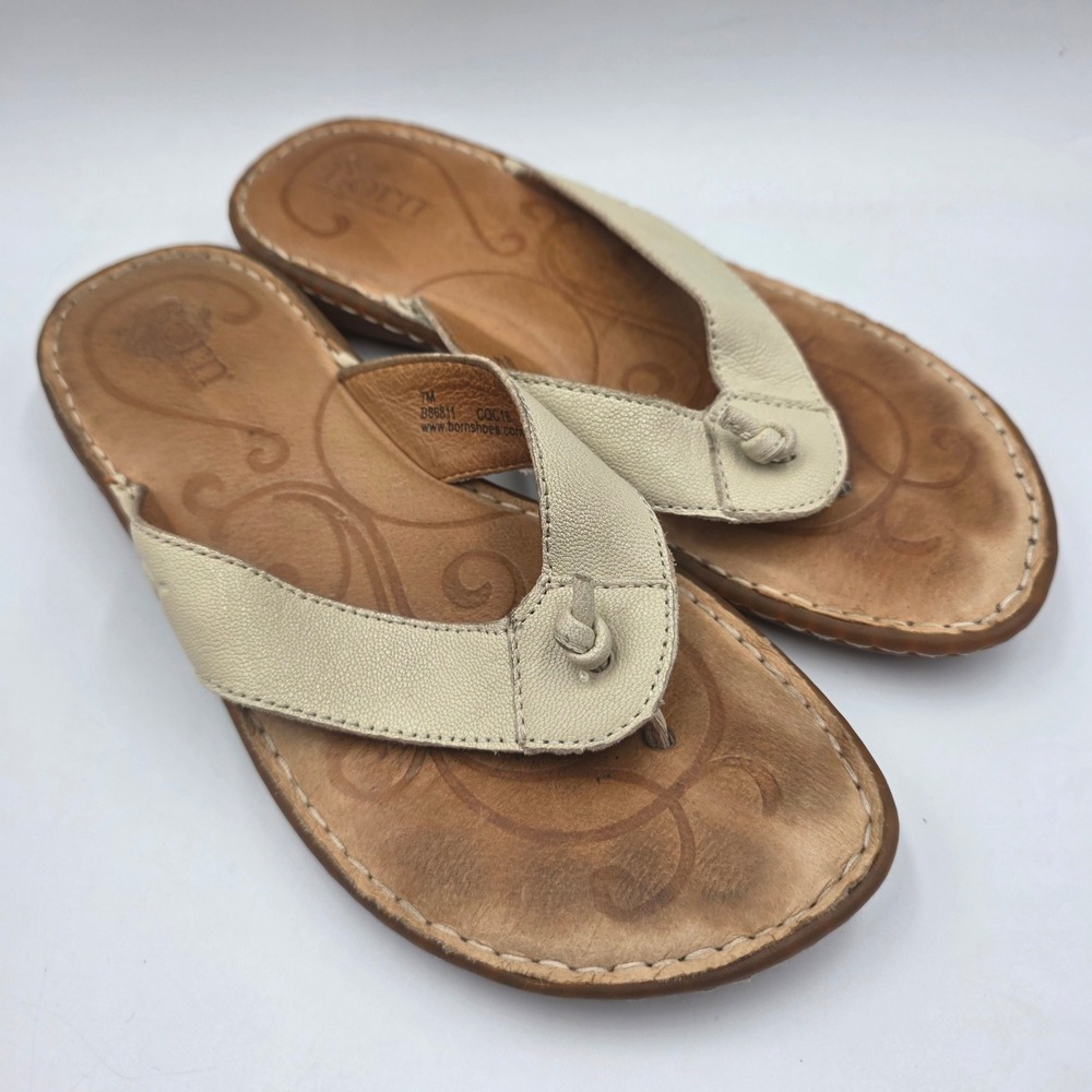 Born Mai Cream Leather Flip Flop Thong Sandals Womens 7M B86811 Knot Detail